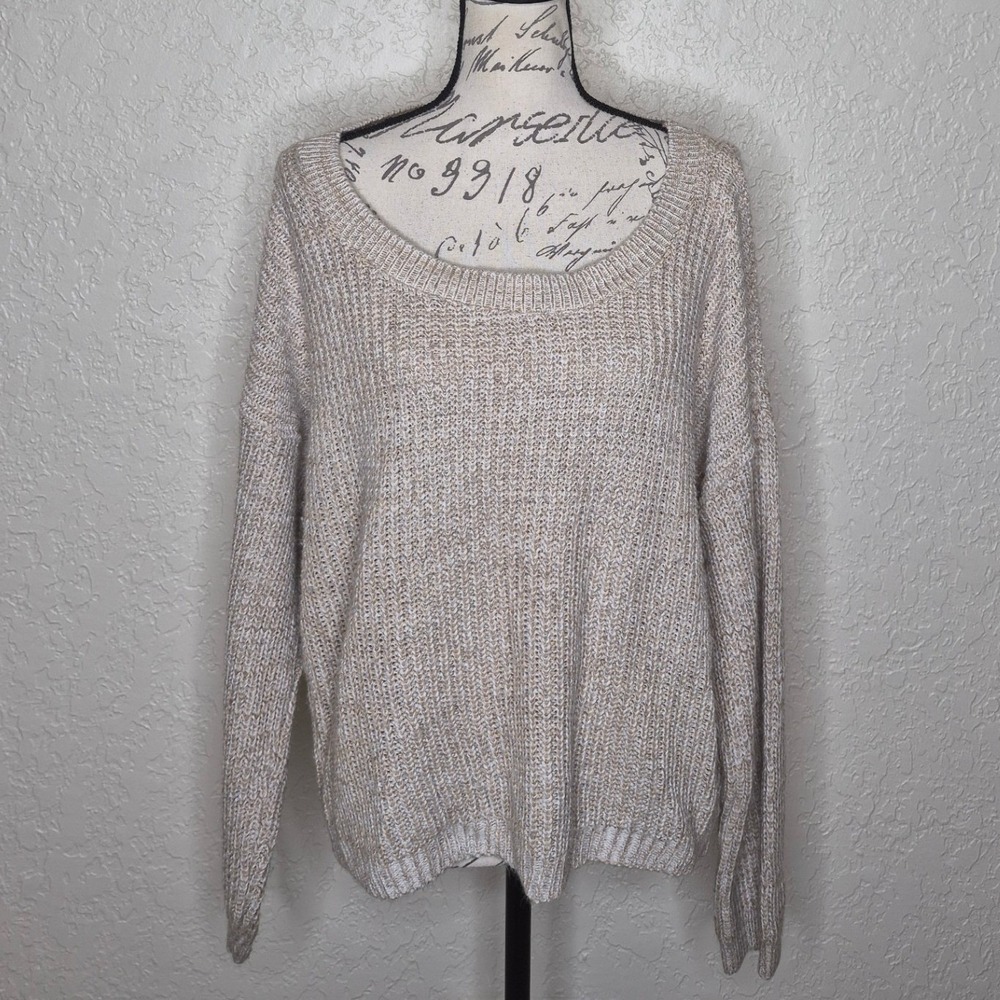 Time and Tru Cream Marled Knit Sweater Lattice Open Back Large 12-14 Pullover